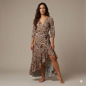 TYSA Wrap Dress Animal Print Leopard Ruffle 3/4 Sleeve Modest hi-lo